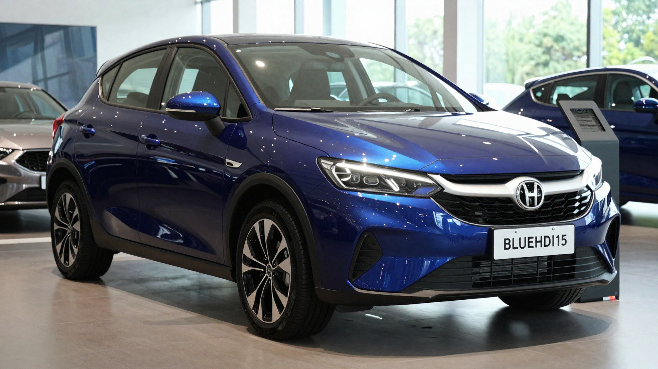 Carro novo azul metálico no interior de concessionária, modelo compacto com faróis modernos e jantes desportivas.