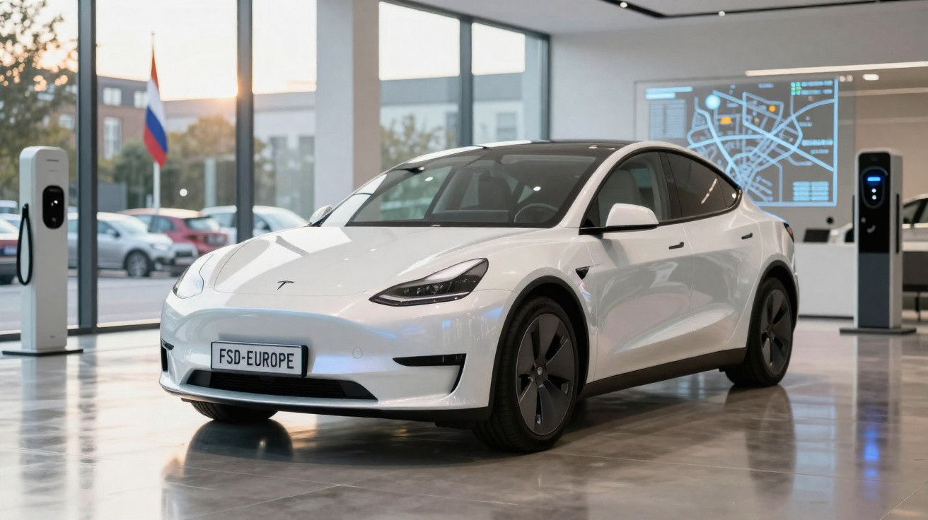 Carro elétrico Tesla branco estacionado dentro de uma loja moderna com estações de carregamento.