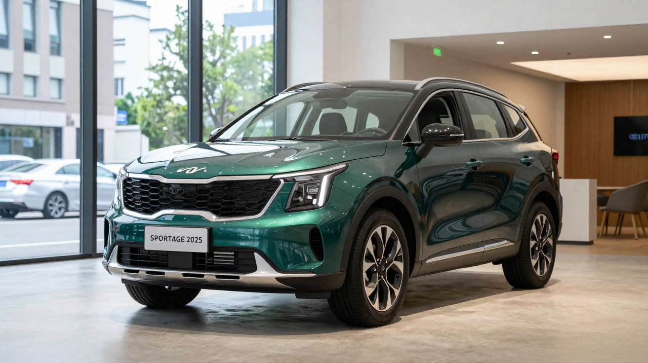 Kia Sportage 2025 verde exposto em showroom moderno com janelas amplas e luz natural.