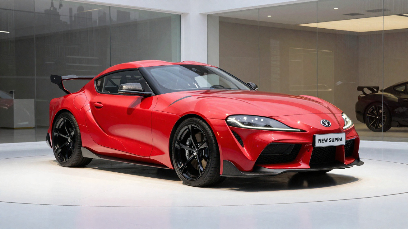 Carro desportivo Toyota Supra vermelho em exposição num showroom moderno e iluminado.