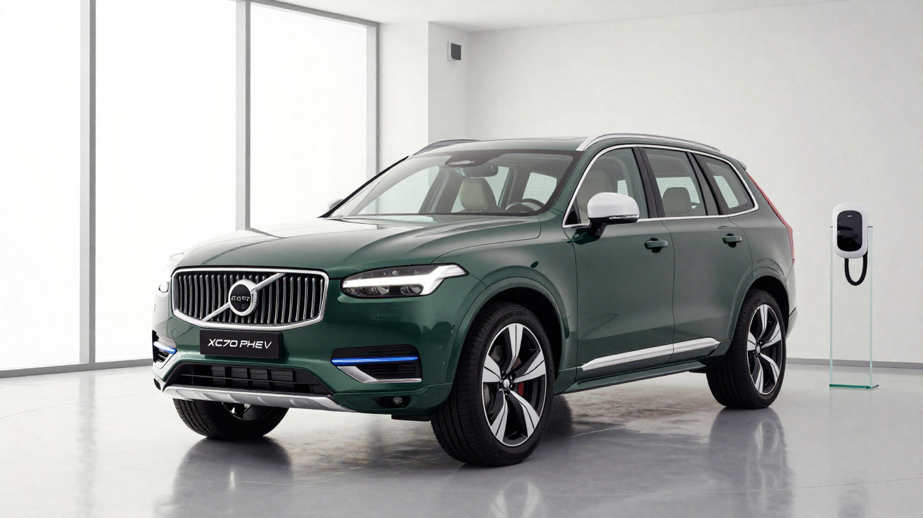 Carro Volvo XC70 PHEV verde estacionado em sala branca com estação de carregamento elétrico.