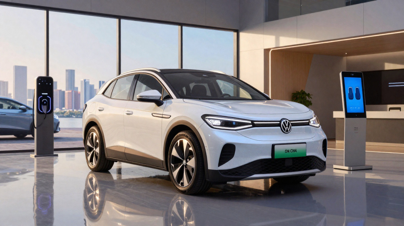 Carro elétrico Volkswagen branco estacionado em espaço moderno com painel de carregamento e vista da cidade.