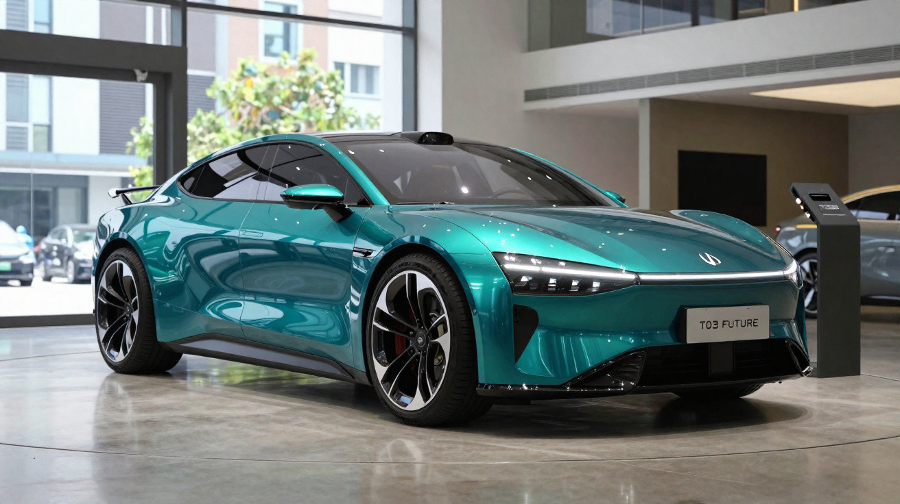 Carro desportivo elétrico verde metalizado exposado num showroom moderno com grandes janelas.