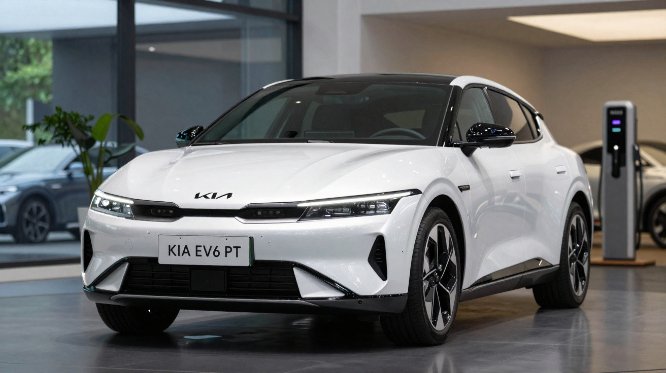 Carro elétrico branco Kia EV6 PT estacionado em interior com carregador elétrico ao lado.