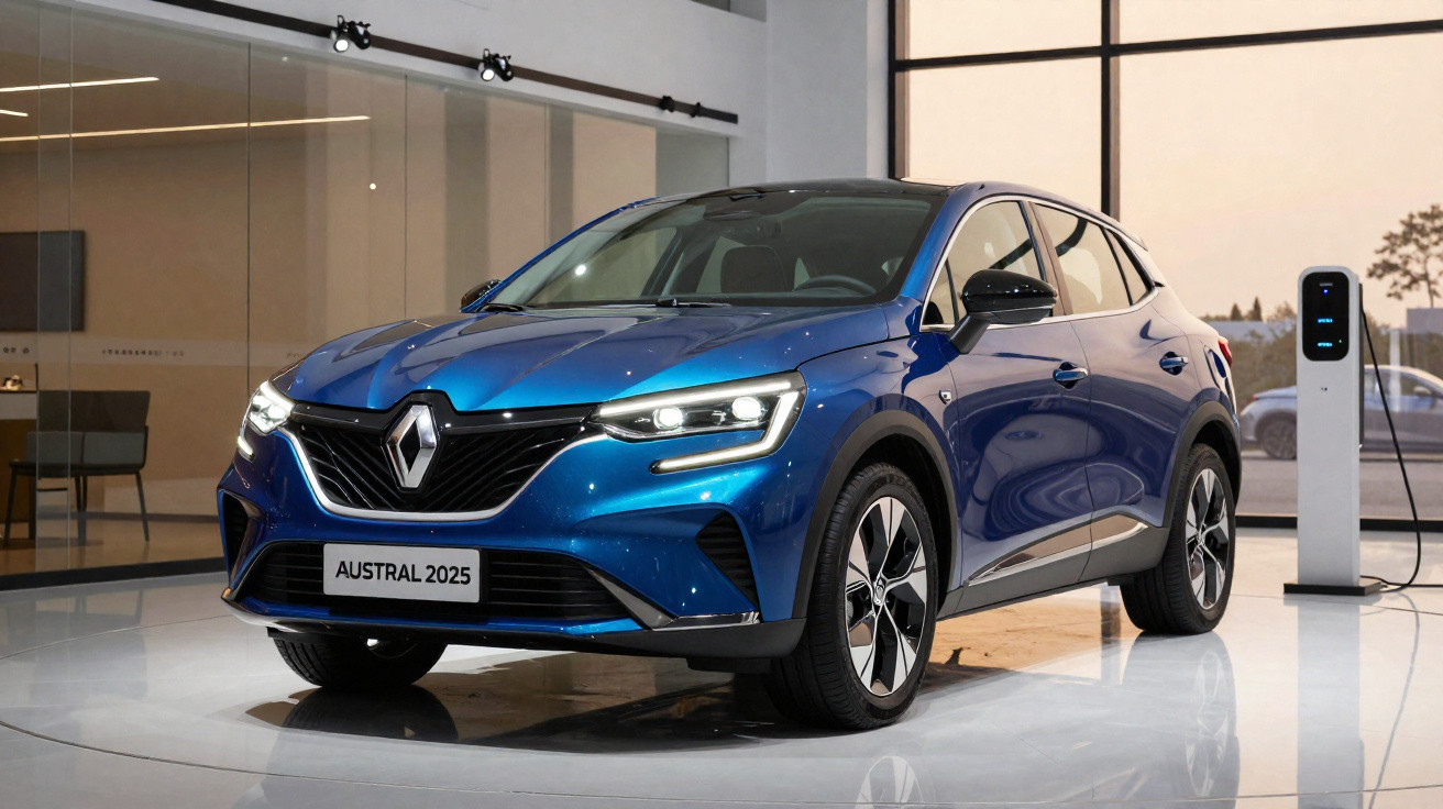 Carro elétrico Renault Austral 2025 azul num showroom moderno com ponto de carregamento ao lado.