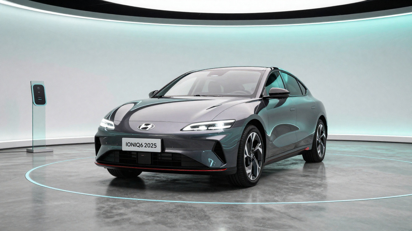 Carro elétrico Hyundai Ioniq 6 2025 cinzento num espaço minimalista com carregador elétrico.