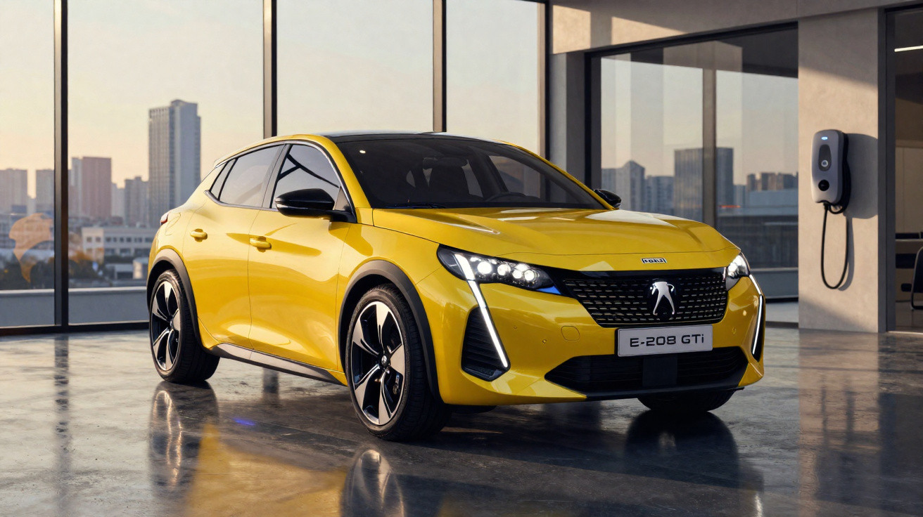 Peugeot E-208 GTi amarelo estacionado dentro de garagem moderna com janelas amplas e carregador elétrico.