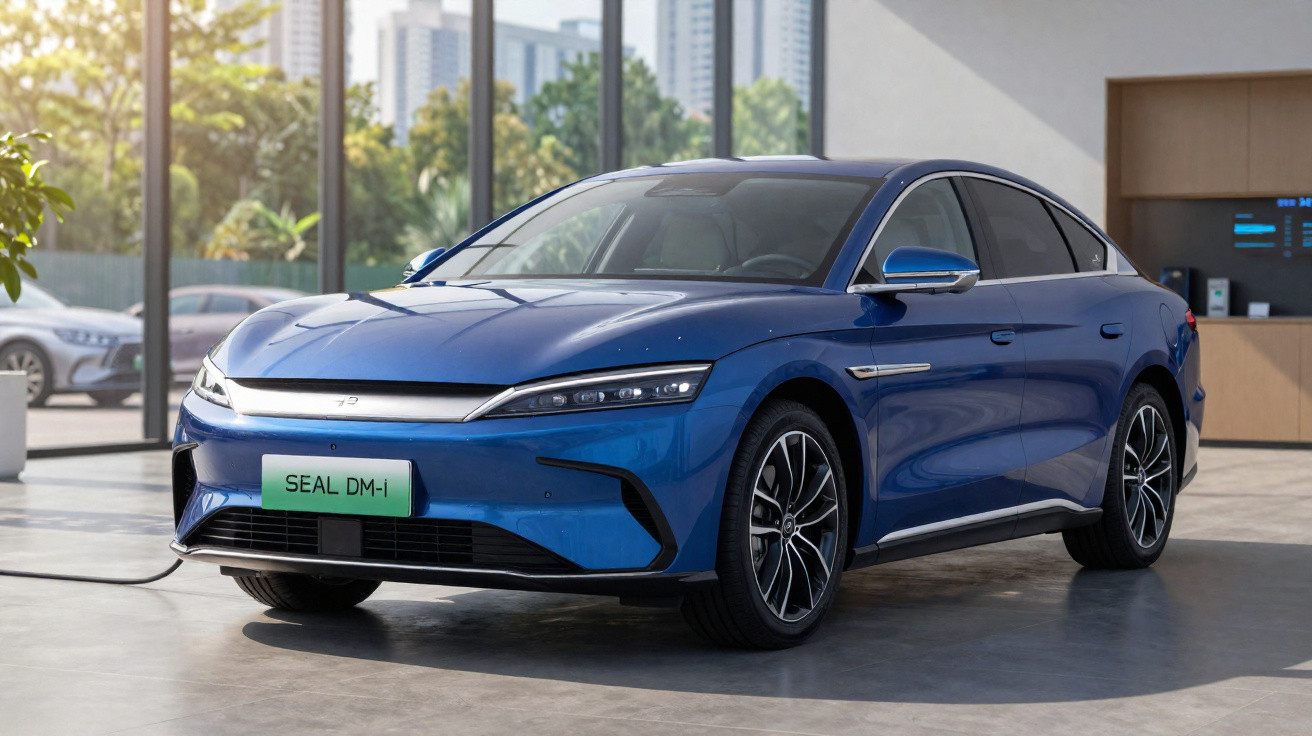 Carro elétrico azul SEAL DM-1 estacionado em interior moderno com janelas grandes e cidade ao fundo.