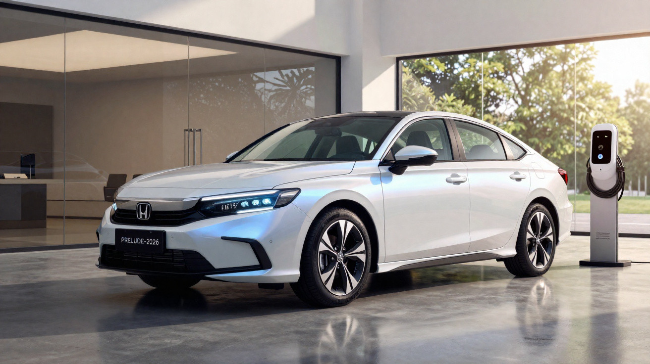 Carro elétrico Honda Prelude 2026 branco num espaço moderno ao lado de estação de carregamento.