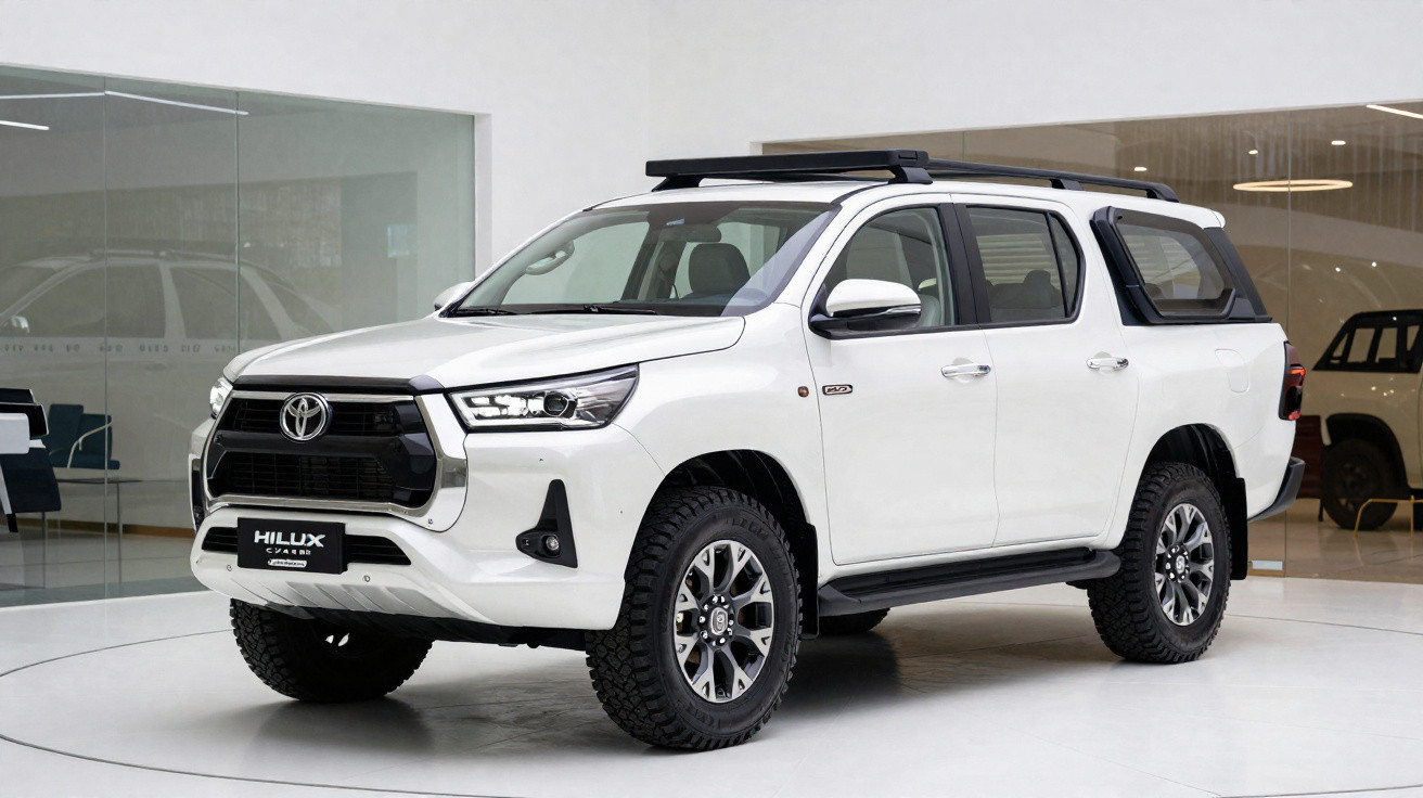 Toyota Hilux branco estacionado em showroom com capota e pneus todo-o-terreno.