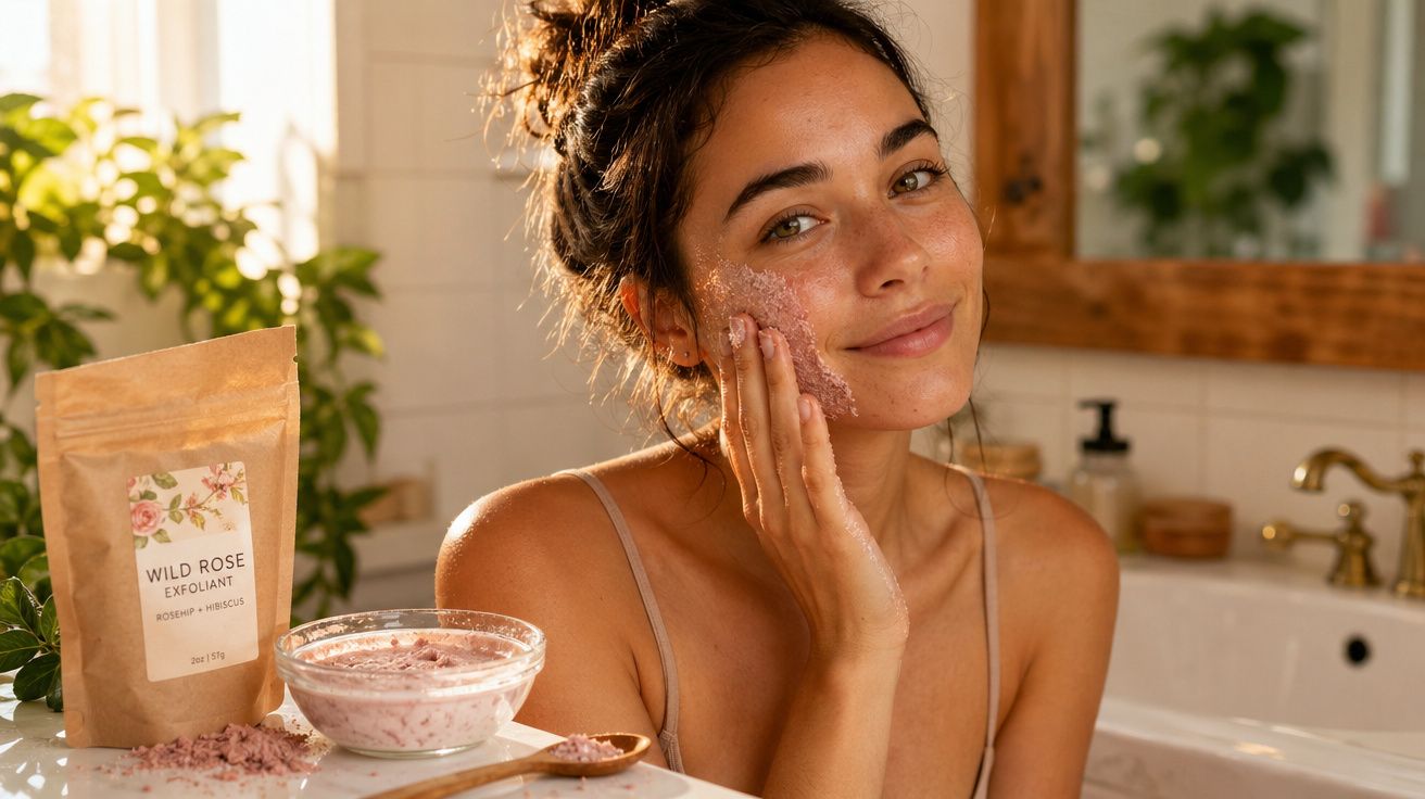 Mulher a aplicar esfoliante facial rosa no rosto num ambiente de casa de banho iluminado.