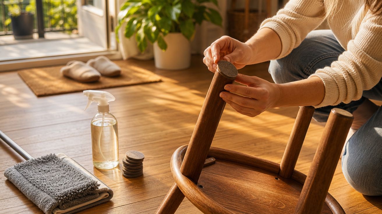 Pessoa a colocar protetores nas pernas de uma cadeira de madeira num chão de parquet.