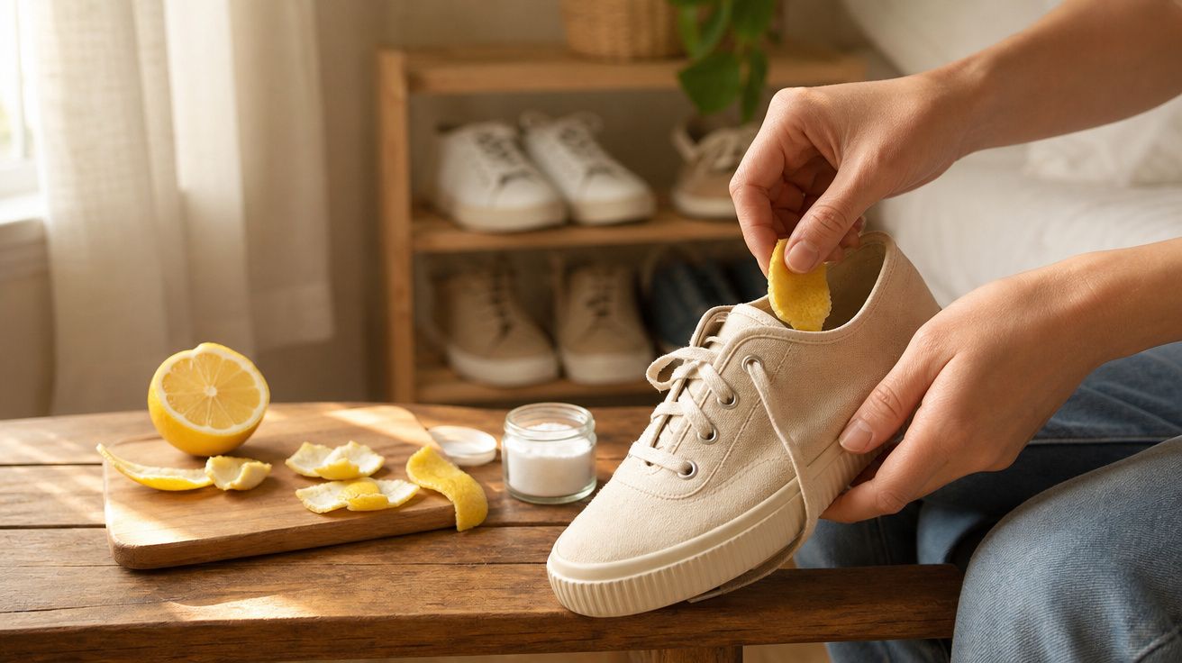 Pessoa a usar casca de limão para limpar sapato branco sobre mesa com limão partido e sal.