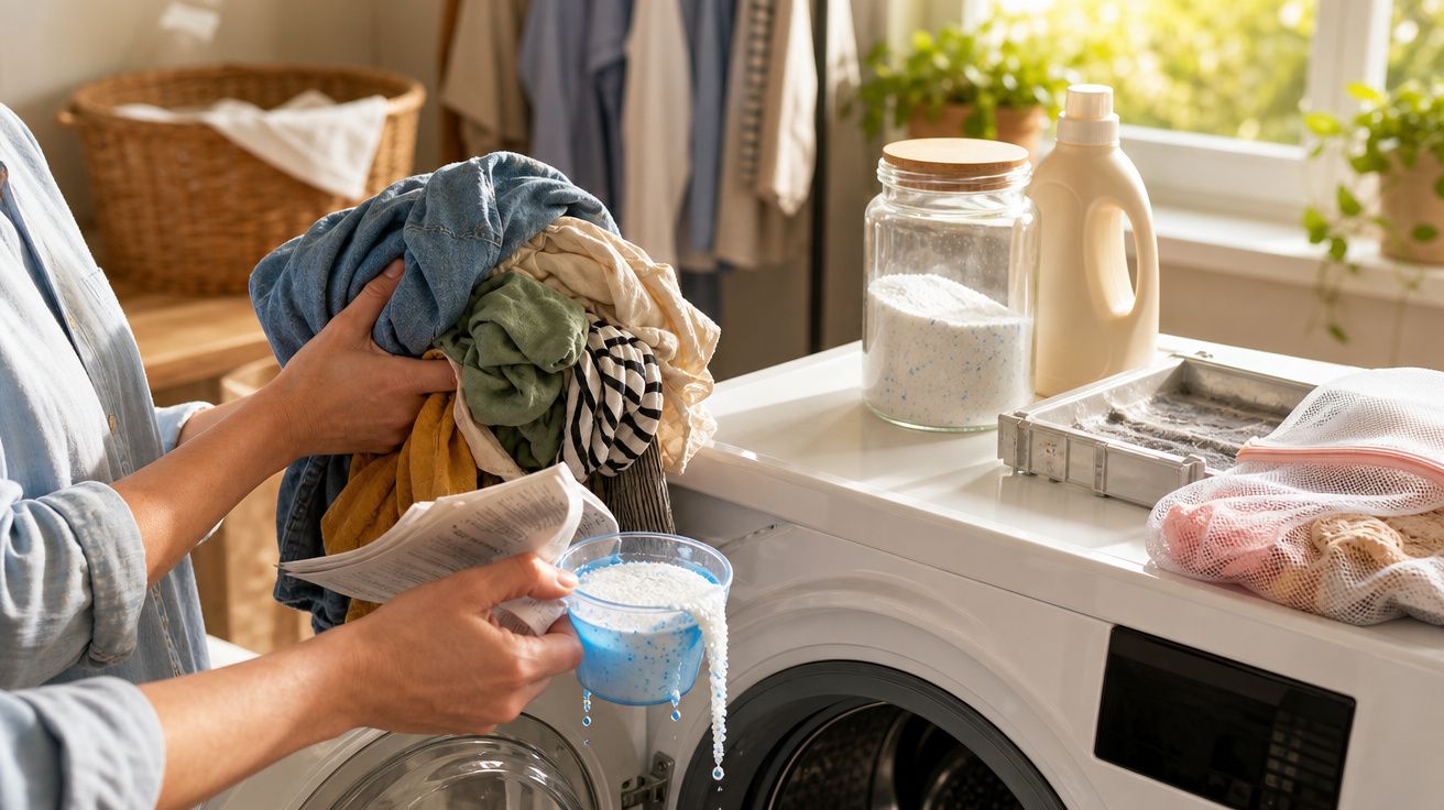 Pessoa a carregar detergente numa máquina de lavar roupa cheia de roupa pronta para lavar, com luz natural.