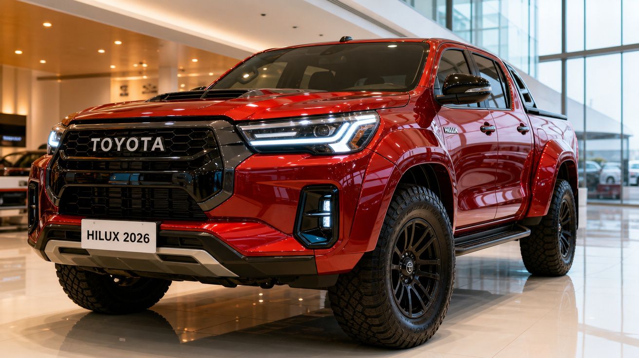 Pickup Toyota Hilux 2026 vermelha exibida numa sala de exposição moderna com luz natural.