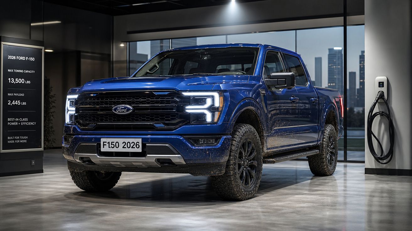 Picape elétrica Ford F-150 2026 azul num showroom moderno com carregador elétrico na parede.