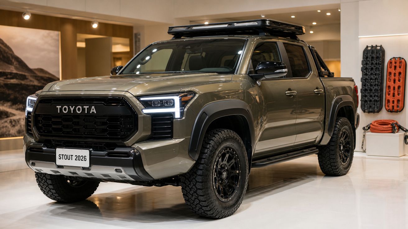 Picape Toyota Stout 2026 cinzenta com pneus robustos e bagageira no tejadilho numa exposição interior.