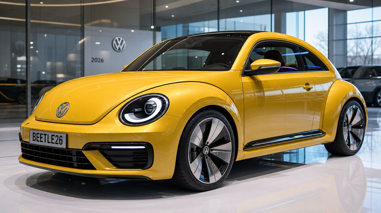 Carro Volkswagen Beetle amarelo estacionado num showroom com chão refletor e janelas amplas.