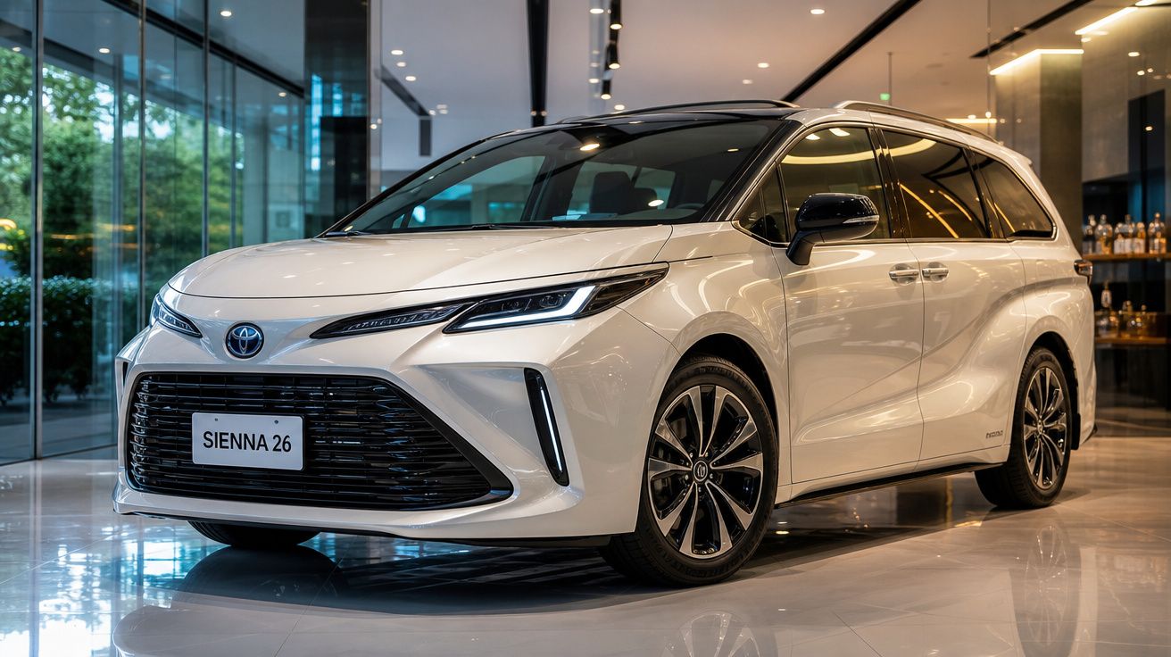 Automóvel Toyota Sienna 26 branco exposto num showroom moderno e luminoso.