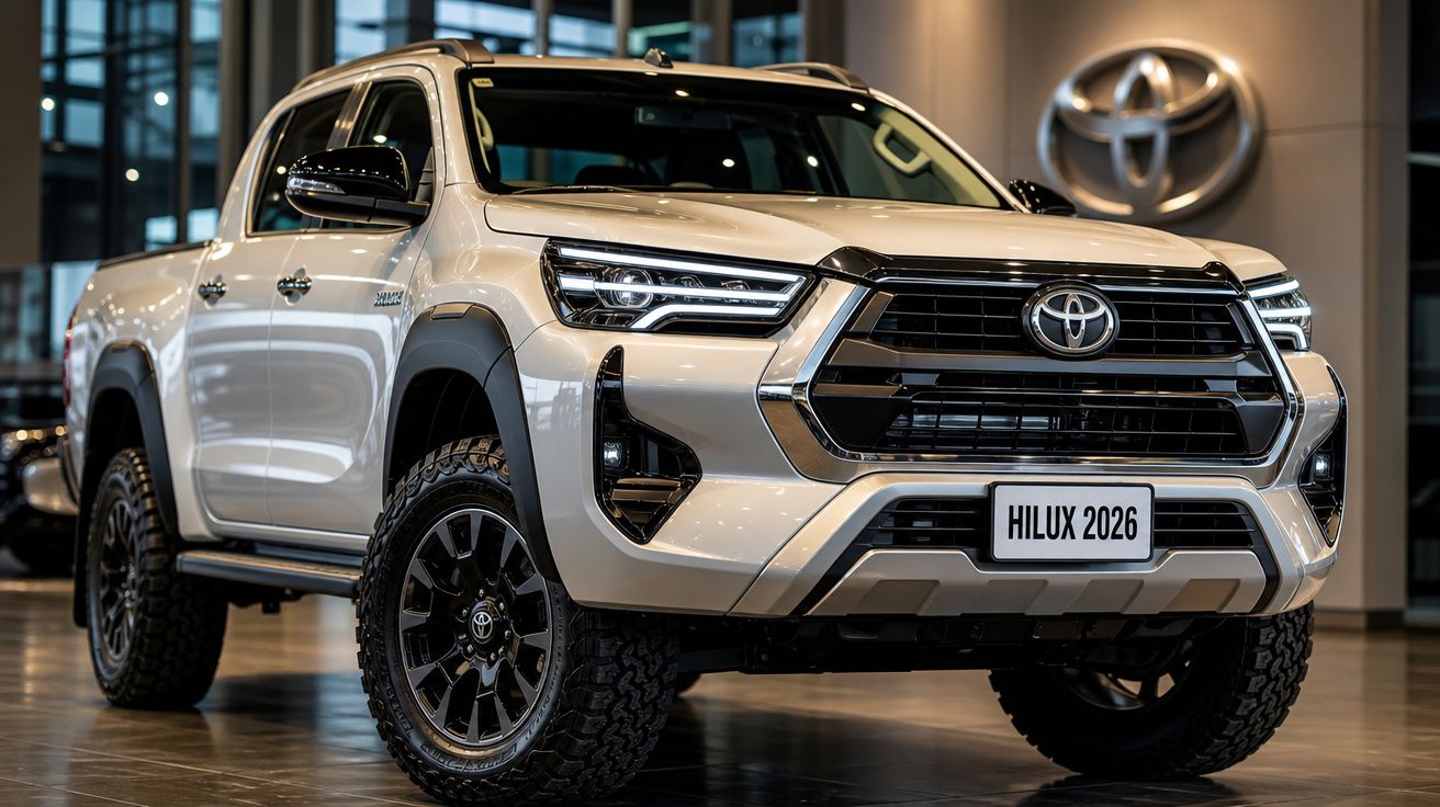 Pick-up Toyota Hilux 2026 branca exibida em showroom com luzes LED e jantes pretas robustas.