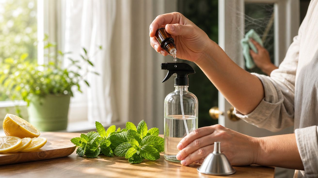Pessoa a preparar solução caseira num frasco pulverizador com limão e folhas de hortelã numa cozinha iluminada.