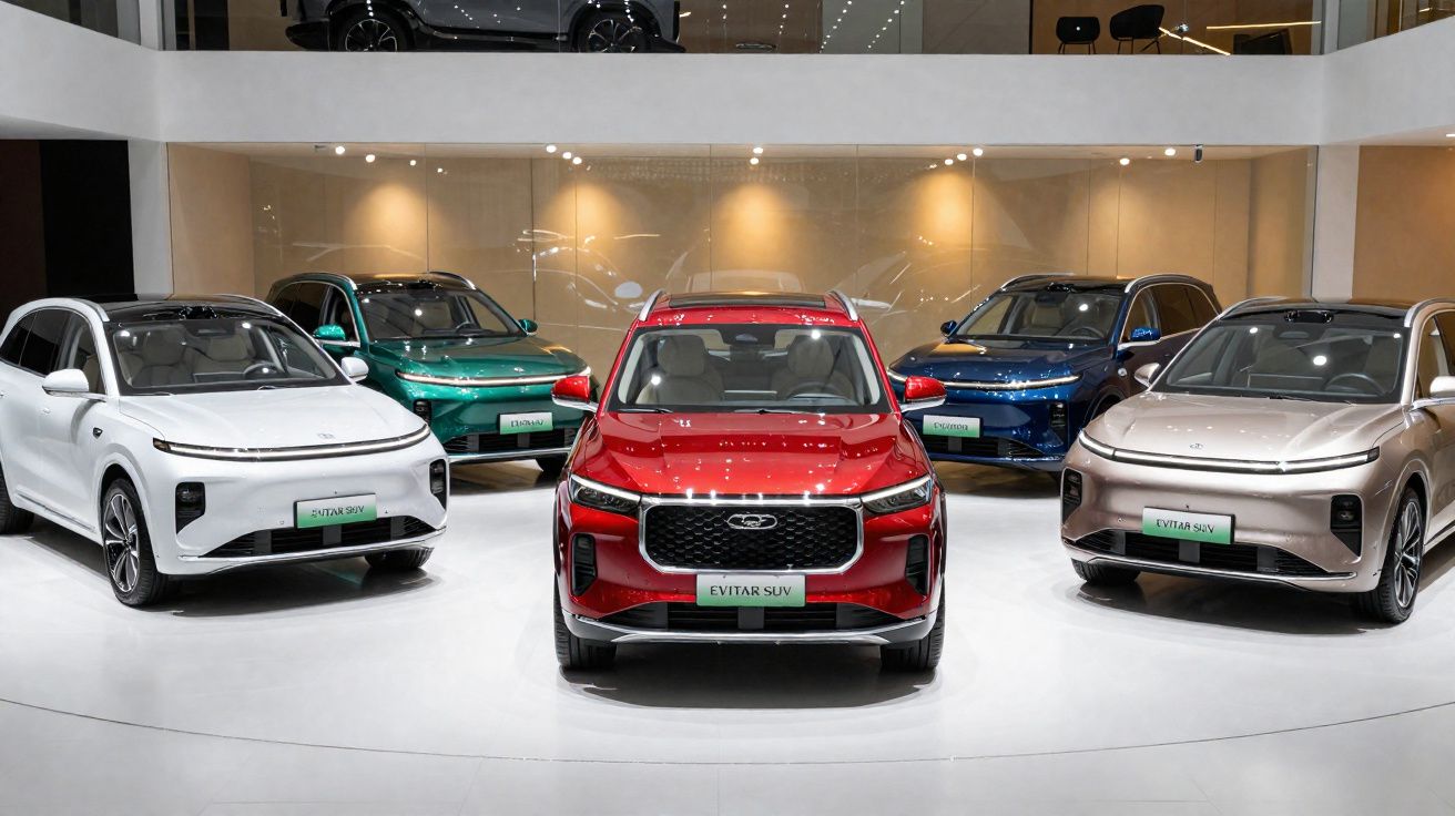 Cinco SUV elétricos EVITAR em exposição, de cores variadas, num showroom moderno e iluminado.