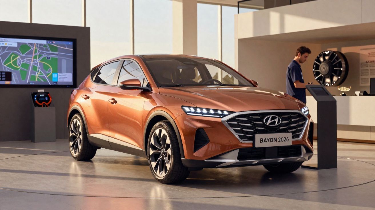 Carro Hyundai Bayon 2026 cor laranja exposto em ambiente moderno de showroom com pessoa ao fundo.