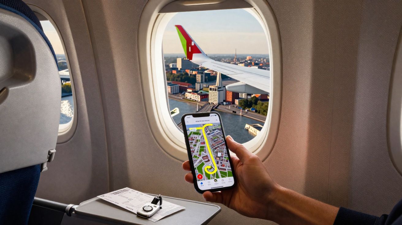 Pessoa usa smartphone com mapa, vista pela janela de avião com asa e cidade ao longe.