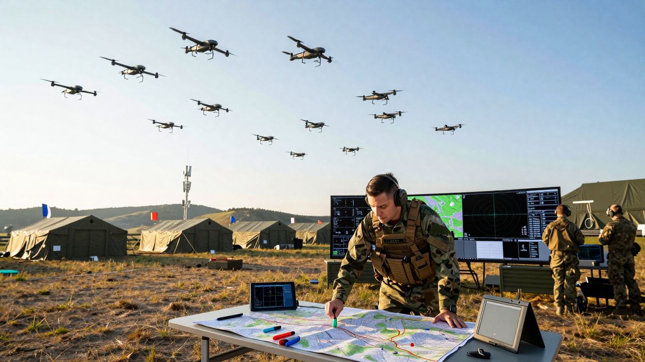 Tropas militares planeiam missão com drones a sobrevoar campo de operações e tendas ao fundo.