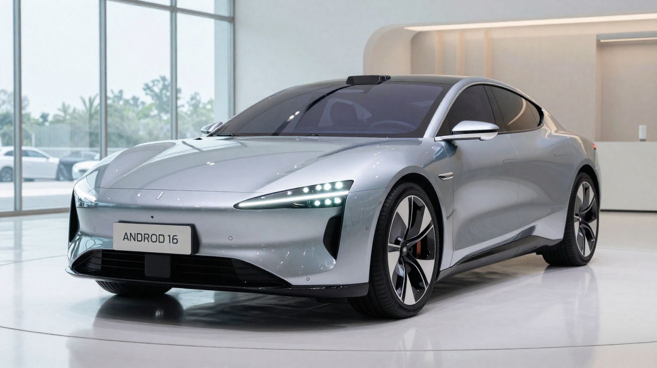 Carro elétrico cinzento prateado com design moderno e faróis dianteiros LEDs num espaço interior minimalista.