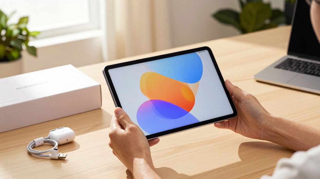 Pessoa a segurar tablet com ecrã colorido, sobre mesa com equipamento tecnológico e luz natural.