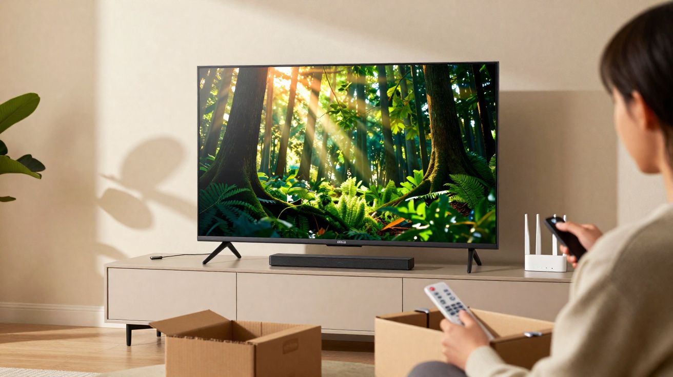 Pessoa sentada a controlar uma TV que exibe uma floresta verde com raios de sol, ao lado de caixas de cartão.