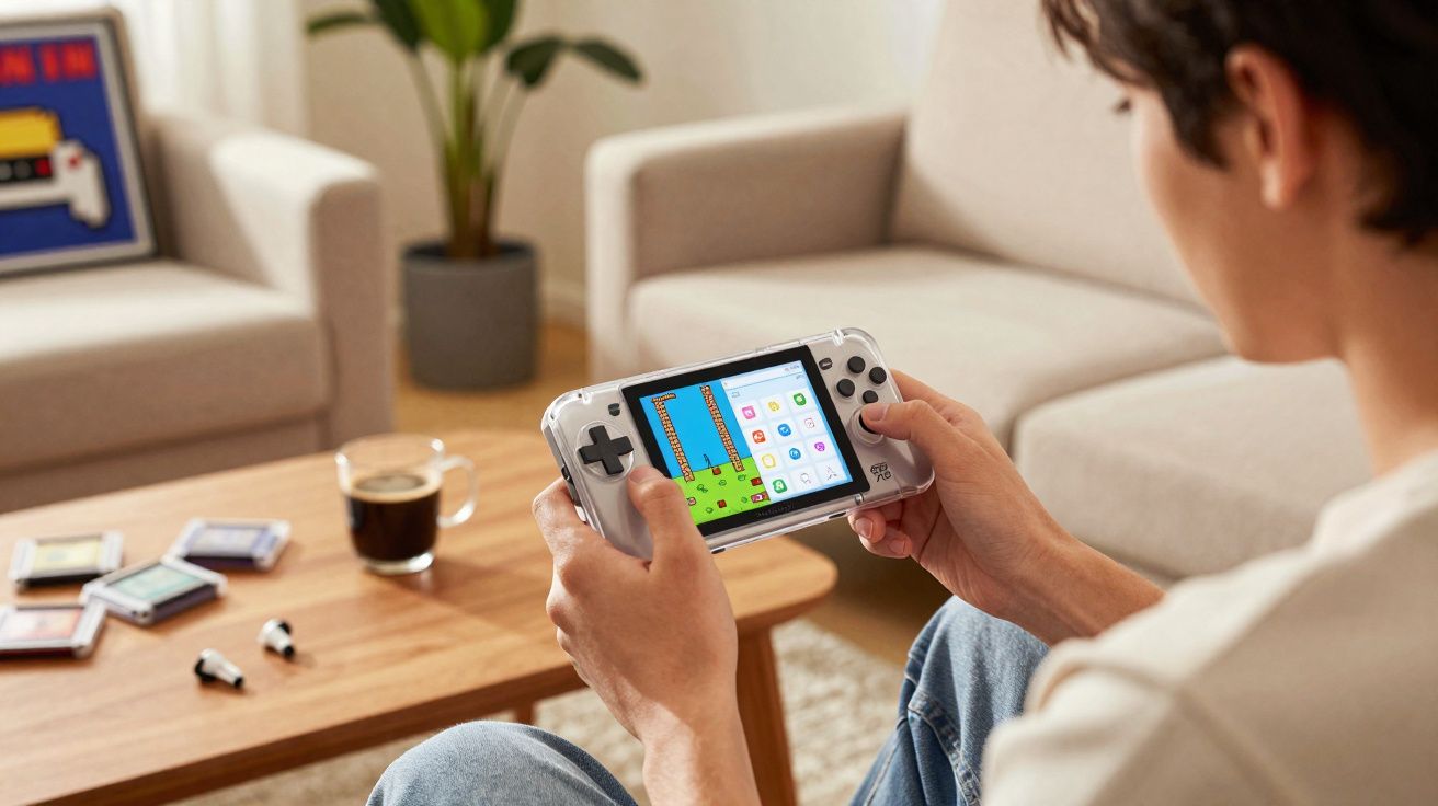 Pessoa a jogar videojogo numa consola portátil num ambiente doméstico acolhedor.
