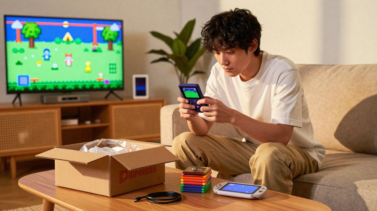 Jovem sentado no sofá a jogar videojogo portátil com várias consolas e caixa em mesa à frente.