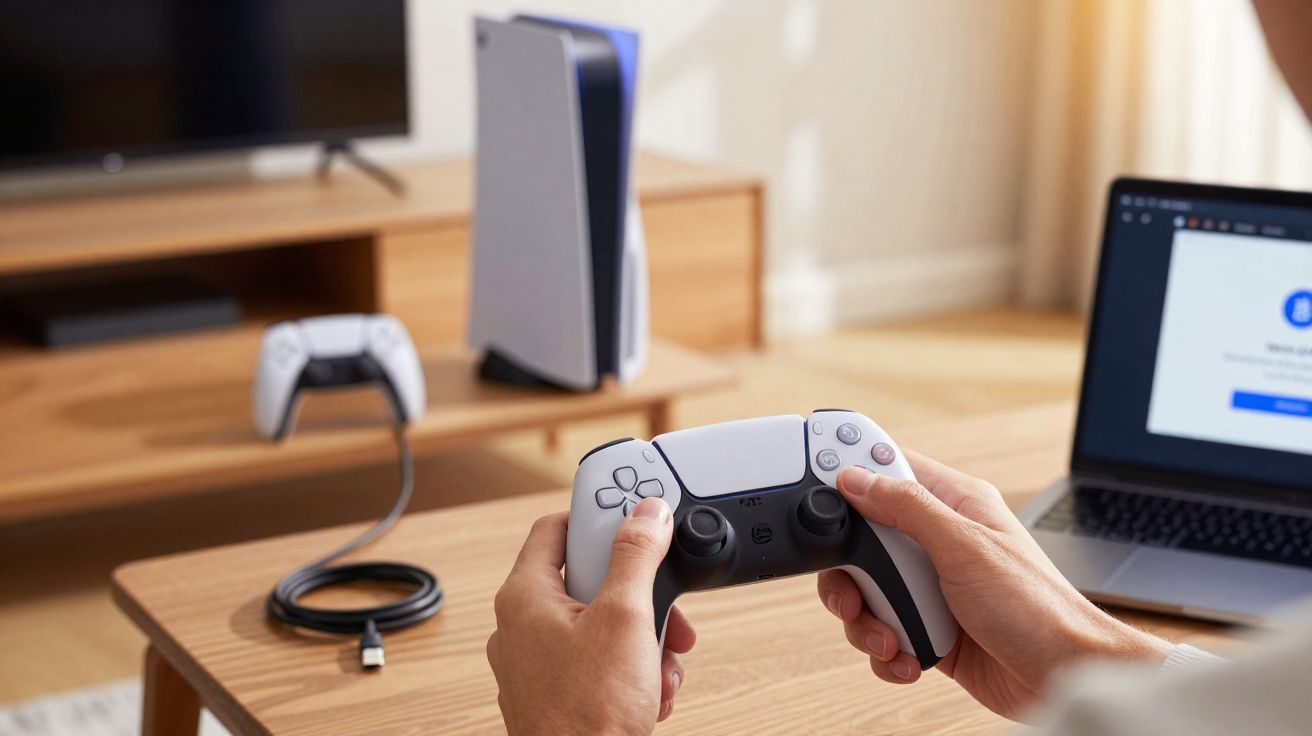 Pessoa a segurar comando de PlayStation 5 à frente de consola PS5, comando e computador portátil numa mesa.