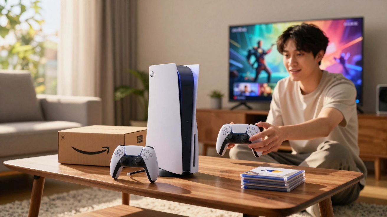 Consola PlayStation 5 com comandos na mesa e homem sentando no chão a preparar-se para jogar videojogo.