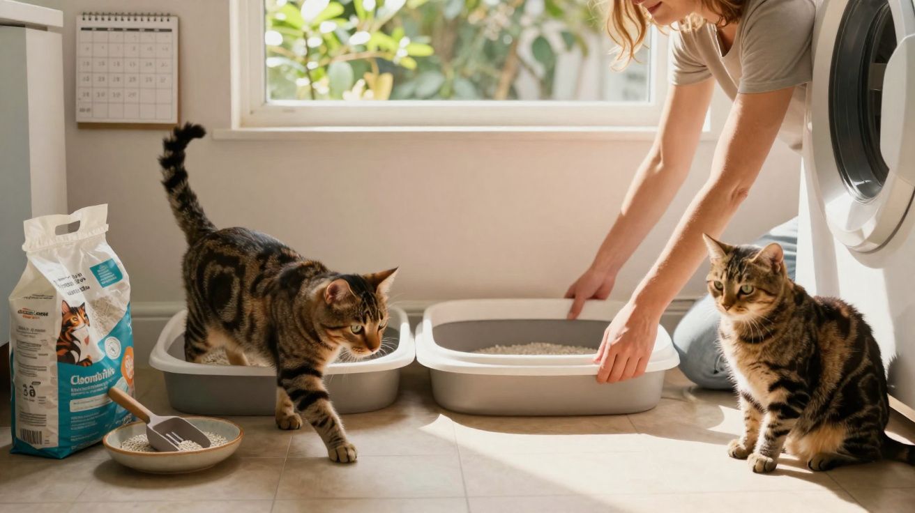 Mulher prepara areia para gatos, dois gatos tabby brindam a mim e saco de ração no chão luminoso.