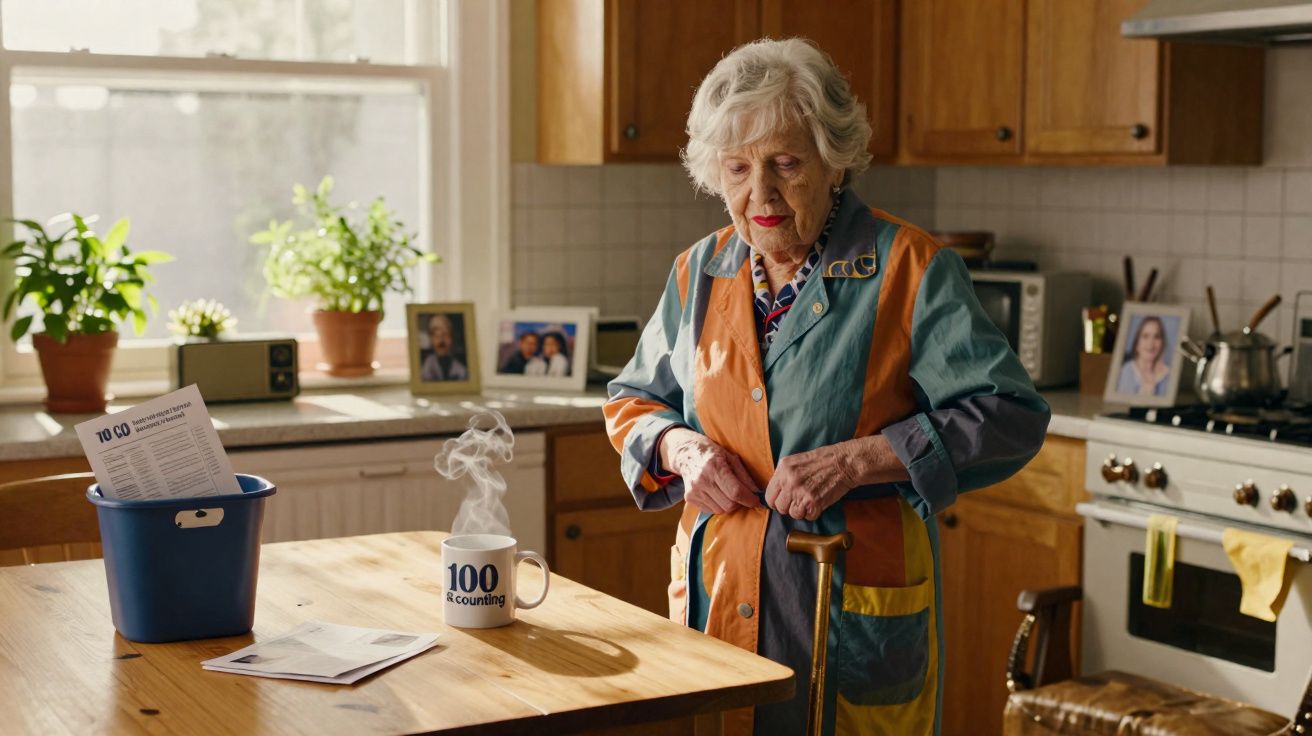 Idosa numa cozinha a observar uma chávena de café fumegante com a frase "100 & counting".