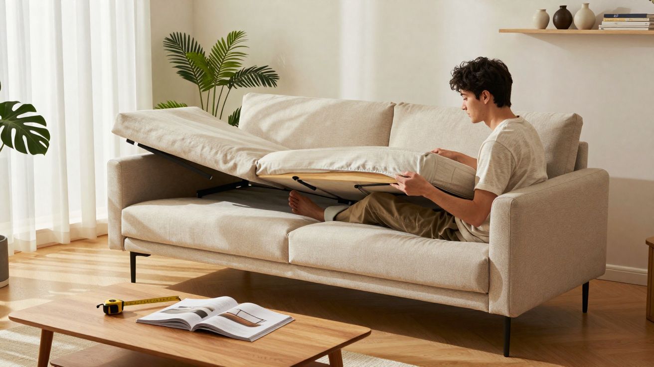 Homem a levantar almofada de sofá-cama bege numa sala com mesa de madeira e plantas decorativas.