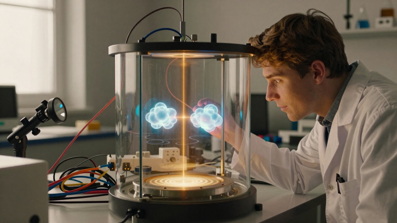 Cientista em bata branca observa modelo holográfico de moléculas dentro de aparelho de laboratório.