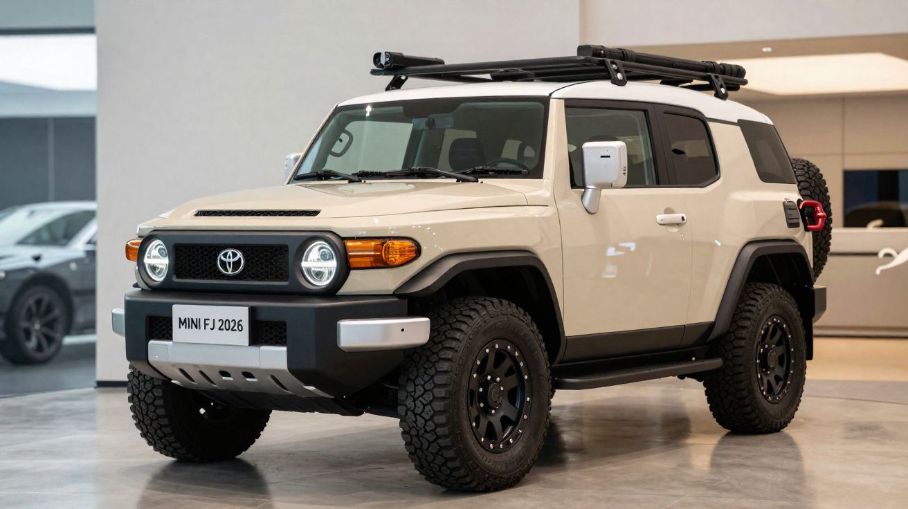 Carro todo-o-terreno Toyota MINI FJ 2026 bege com rodas grandes e barra no tejadilho, estacionado em interior.