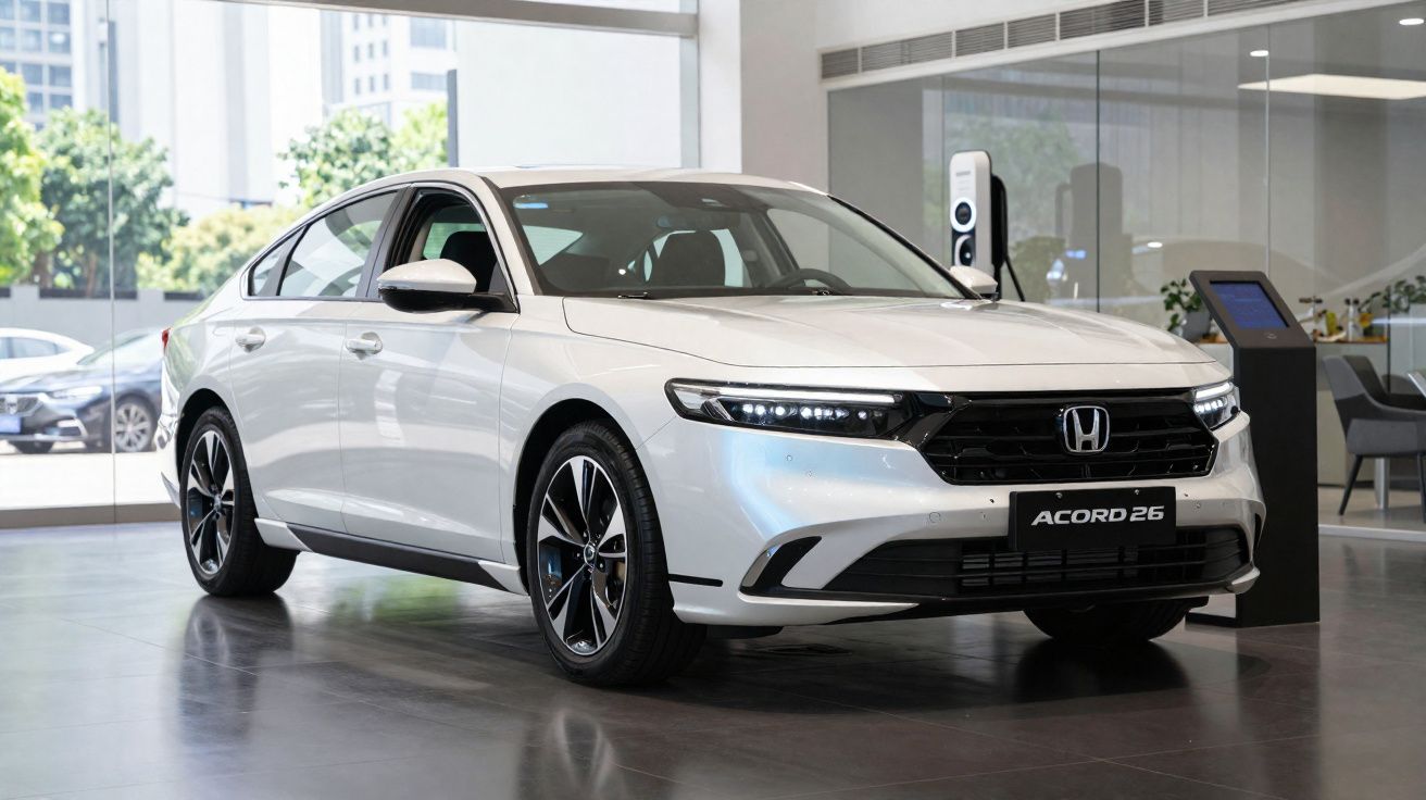 Carro branco Honda Accord 26 estacionado em showroom moderno com grande janela e iluminação natural.