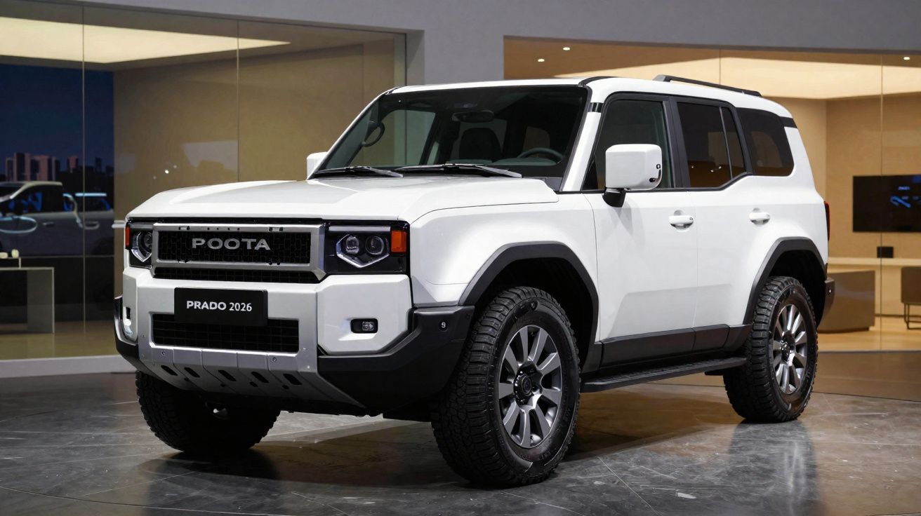 SUV branco Poota Prado 2026 estacionado em interior moderno com janelas de vidro.