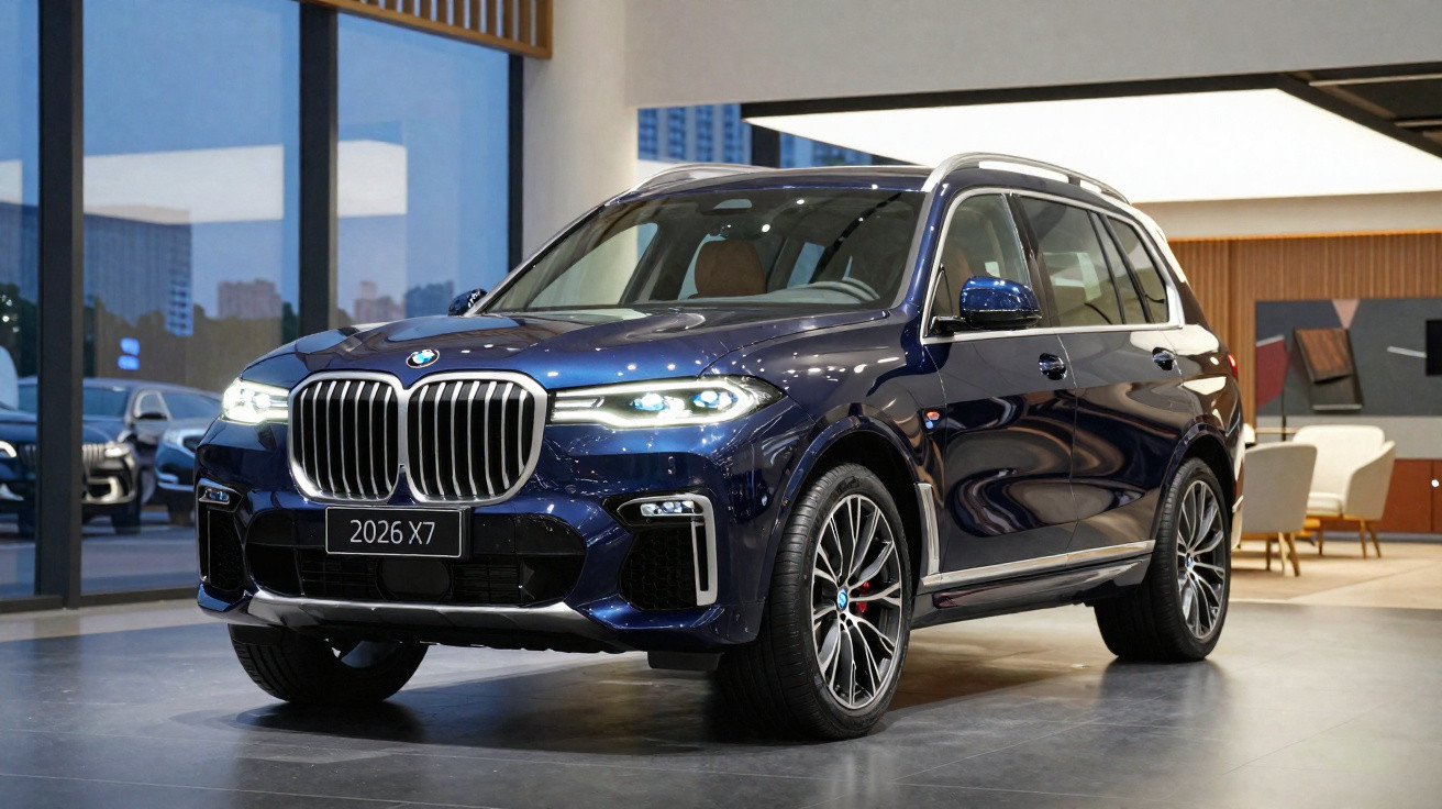 SUV BMW X7 azul com faróis acesos, estacionado num interior moderno e iluminado.