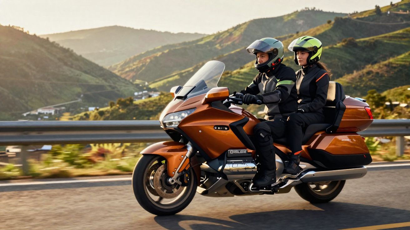 Duas pessoas de capacete numa mota touring laranja a circular numa estrada rodeada de colinas verdes.