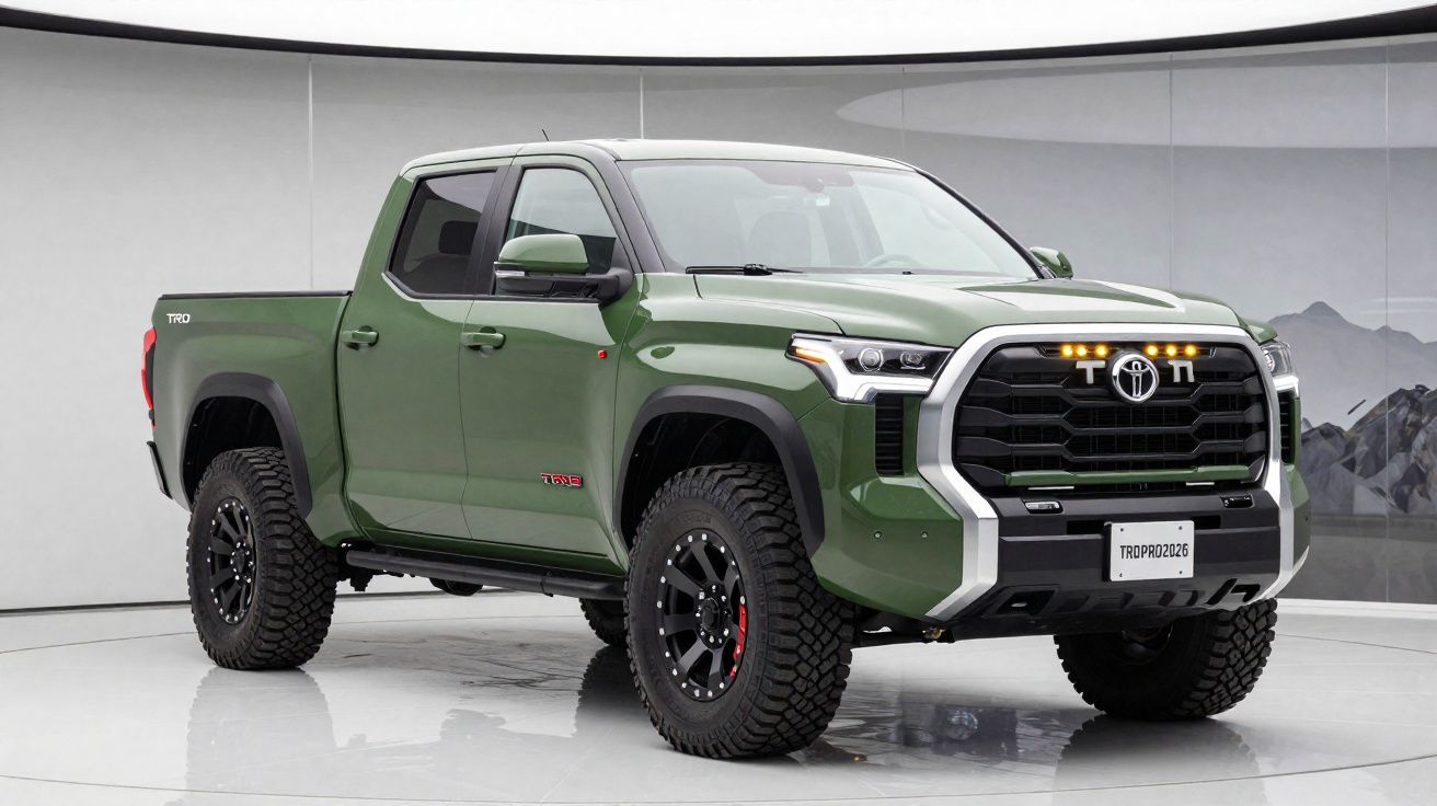 Picape verde militar TRD com detalhes robustos e pneus todo-o-terreno, em estúdio moderno.