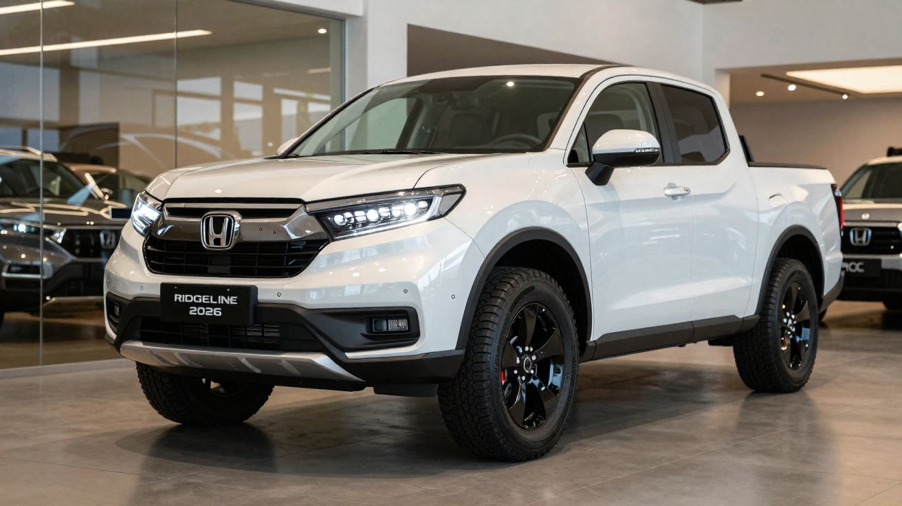 Picape Honda Ridgeline 2026 branca, em exposição numa concessionária moderna.