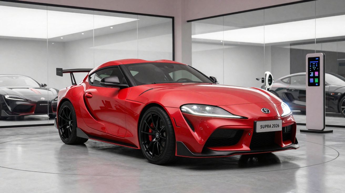 Carro desportivo Toyota Supra vermelho de 2026 numa sala com espelhos e estação de carregamento elétrica.