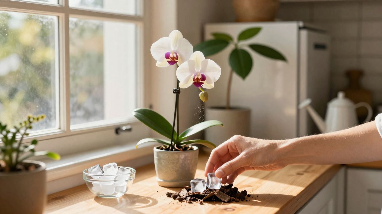 Mão a colocar cubos de gelo sobre terra em vaso para orquídea branca numa cozinha iluminada.