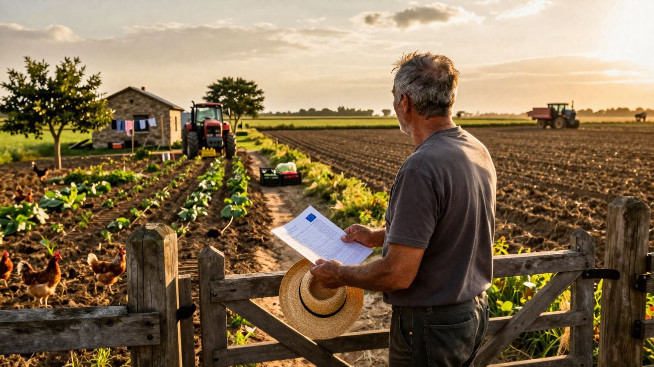 Homem observa campo agrícola com tratores, galinhas e casa ao pôr do sol segurando documento e chapéu